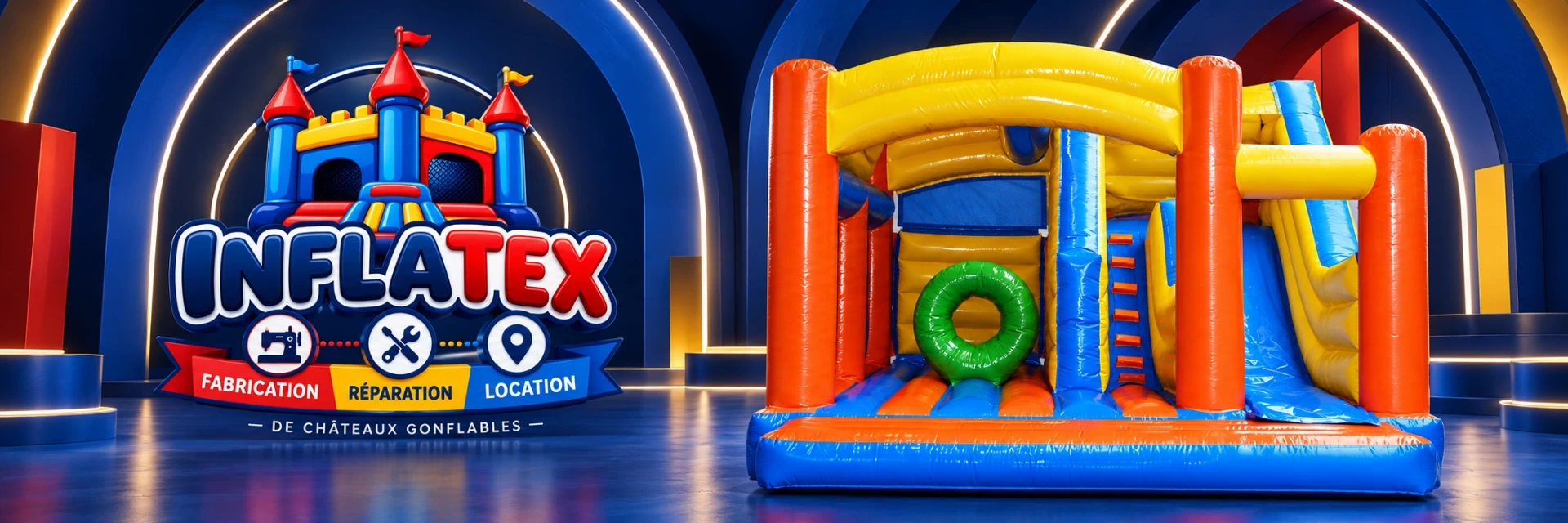 Logo InflaTex et château gonflable MultiFun dans un décor bleu, rouge et jaune